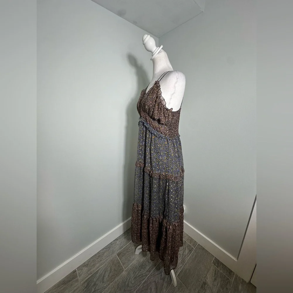 Lucky Brand Ruffle Floral Maxi Sundress Blue Brown w Gold  Size Large - Picture 6 of 16